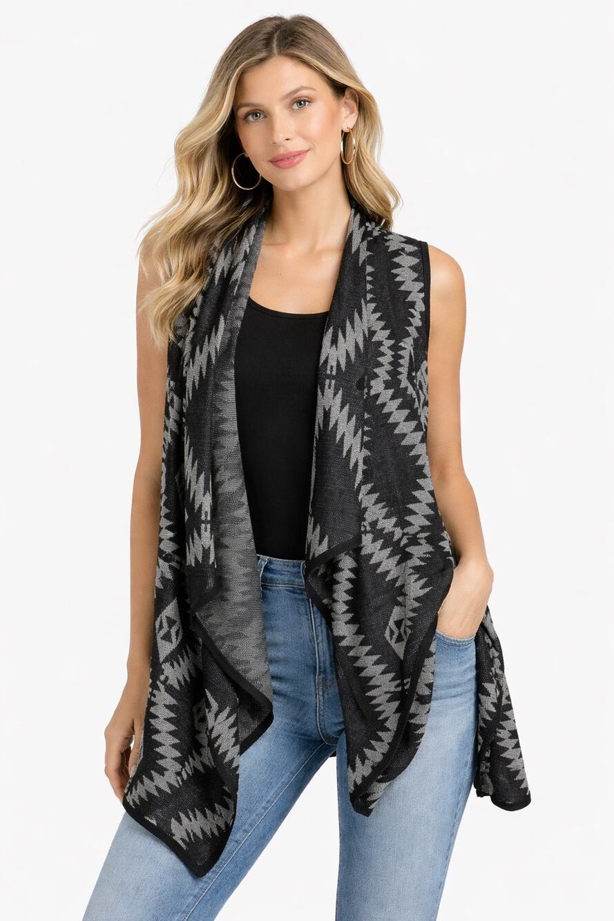 Charming Charlie Black Gray Aztec Print Open Front Vest Cardigan Sleeveless M